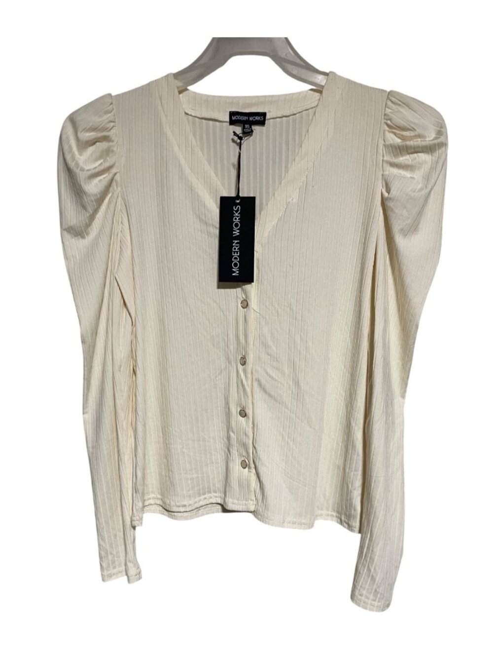 Modern Works Womens Button-Up Long Sleeve Top XS Puff Shoulders Ribbed Cream